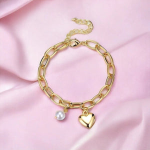 Pulsera cadena con corazón y perla Pulsera cadena con corazón y perla