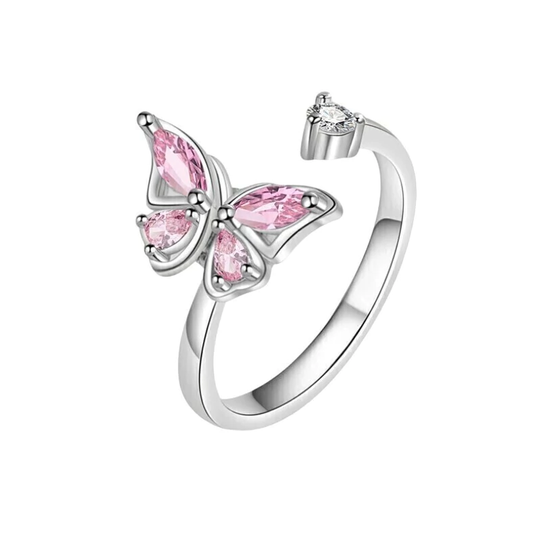 Anillo plateado de mariposa rosa Anti estrés