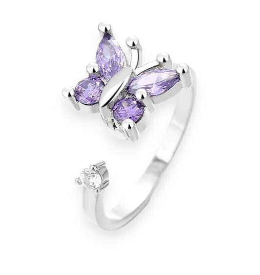 Anillo plateado de mariposa morada Anti estrés