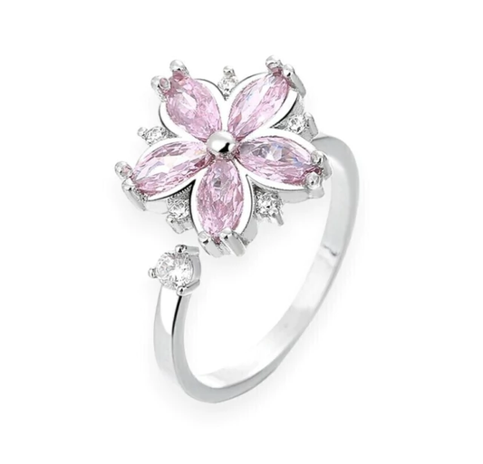 Anillo plateado de flor rosa Anti estrés