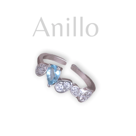 Anillo diamantes tipo gota plateado con azul