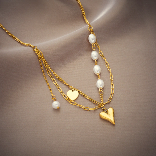 Collar doble cadenas con corazón y perlas