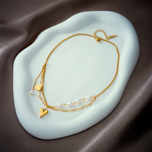 Collar doble cadenas con corazón y perlas