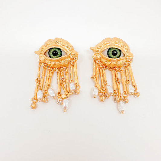 Aretes Anatomy Ojo verde dorados
