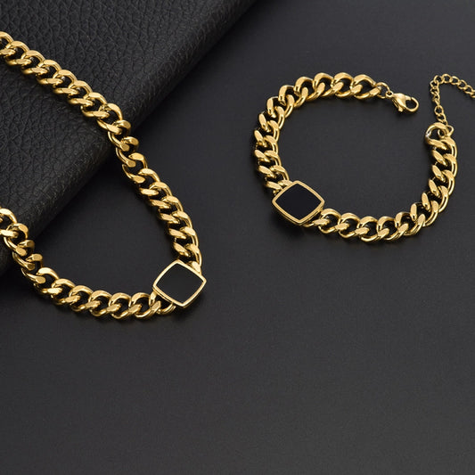 Juego collar pulsera cadena chunky con piedra negra